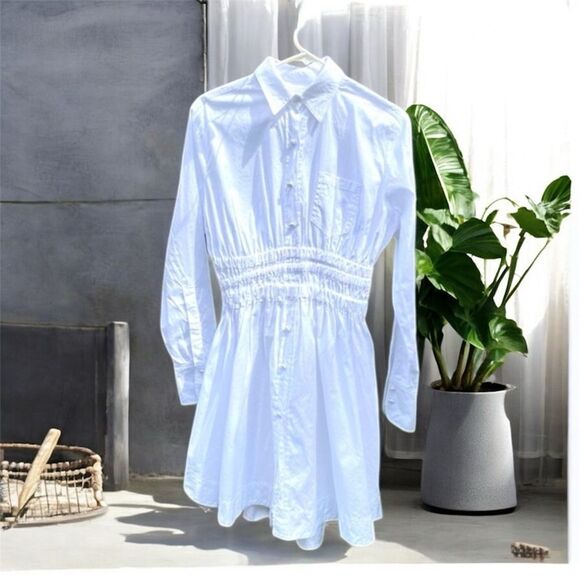 A.L.C. White Button Front Boyfriend Collared Dress 6 Elastic Waist Yacht - Picture 1 of 6